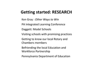 Getting started: RESEARCH Ken Gray :  Other Ways to Win PA Integrated Learning Conference Daggett: Model Schools Visiting schools with promising practices Getting to know our local Rotary and Chambers members Befriending the local Education and Workforce Partnership Pennsylvania Department of Education 