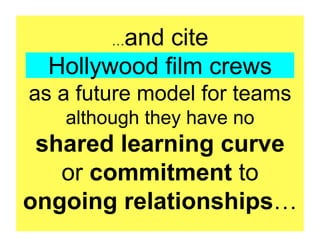 and cite
…
Hollywood film crews
as a future model for teams
although they have no
shared learning curve
or commitment to
ongoing relationships…