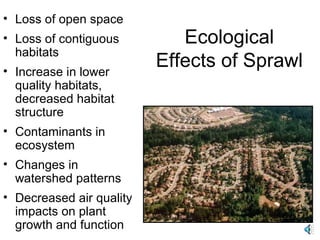 Ecological Effects of Sprawl Loss of open space Loss of contiguous habitats Increase in lower quality habitats, decreased habitat structure Contaminants in ecosystem Changes in watershed patterns Decreased air quality impacts on plant growth and function 