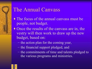 The Annual Canvass The focus of the annual canvass must be people, not budget. Once the results of the canvass are in, the vestry will then work to draw up the new budget, based on: the action plan for the coming year,  the financial support pledged, and  the commitments of time and talents pledged to the various programs and ministries. 