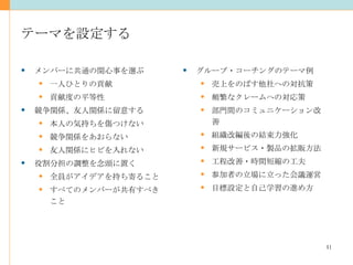 テーマを設定する メンバーに共通の関心事を選ぶ 一人ひとりの貢献 貢献度の平等性 競争関係、友人関係に留意する 本人の気持ちを傷つけない 競争関係をあおらない 友人関係にヒビを入れない 役割分担の調整を念頭に置く 全員がアイデアを持ち寄ること すべてのメンバーが共有すべきこと グループ・コーチングのテーマ例 売上をのばす他社への対抗策 頻繁なクレームへの対応策 部門間のコミュニケーション改善 組織改編後の結束力強化 新規サービス・製品の拡販方法 工程改善・時間短縮の工夫 参加者の立場に立った会議運営 目標設定と自己学習の進め方 