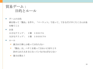 貿易ゲーム： 目的とルール ゲームの目的 紙を使って「製品」を作り、「マーケット」で売って、できるだけ早くたくさんお金を稼ぐこと お金 小さなクリップ：　１個　１００ドル 大きなクリップ：　１個　１０００ドル ルール 渡された物しか使ってはならない 「製品」は、ハサミを使ってきれいに切りとり 決められた大きさになっていなければならない 暴力は禁止！ 