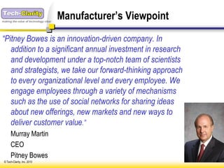 making the value of technology clear
                                       Manufacturer’s Viewpoint
“Pitney Bowes is an innovation-driven company. In
   addition to a significant annual investment in research
   and development under a top-notch team of scientists
   and strategists, we take our forward-thinking approach
   to every organizational level and every employee. We
   engage employees through a variety of mechanisms
   such as the use of social networks for sharing ideas
   about new offerings, new markets and new ways to
   deliver customer value.”
      Murray Martin
      CEO
      Pitney Bowes
 © Tech-Clarity, Inc. 2010
 