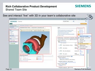 Rich Collaborative Product Development
  Shared Team Site

See and interact “live” with 3D in your team’s collaborative site




                           © 2010. Siemens Product Lifecycle Management Software Inc. All rights reserved
  Page 32                                                                       Siemens PLM Software
 