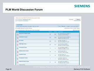 PLM World Discussion Forum




                   © 2010. Siemens Product Lifecycle Management Software Inc. All rights reserved
Page 40                                                                 Siemens PLM Software
 