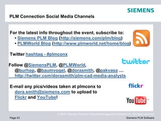 PLM Connection Social Media Channels


For the latest info throughout the event, subscribe to:
  • Siemens PLM Blog (http://siemens.com/plm/blog)
  • PLMWorld Blog (http://www.plmworld.net/home/blog)

Twitter hashtag - #plmconx

Follow @SiemensPLM, @PLMWorld,
  @burhop, @baumvogel, @dorasmith, @pakvasa …
  http://twitter.com/dorasmith/plm-cad-media-analysts

E-mail any pics/videos taken at plmconx to
  dora.smith@siemens.com to upload to
  Flickr and YouTube!


                      © 2010. Siemens Product Lifecycle Management Software Inc. All rights reserved
Page 43                                                                    Siemens PLM Software
 