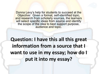 Donna Levy’s help for students to succeed at the
   Objective: Given a format, self-identified topic,
  and research from scholarly sources, the learners
  will select specific ideas from source and identify
   the scope of the idea to best support purpose,
                  audience and topic.



Question: I have this all this great
information from a source that I
want to use in my essay; how do I
      put it into my essay?
 