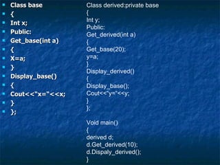 Class base { Int x; Public: Get_base(int a) { X=a; } Display_base() { Cout<<“x=“<<x; } }; Class derived:private base { Int y; Public: Get_derived(int a) { Get_base(20); y=a; } Display_derived() { Display_base(); Cout<<“y=“<<y; } }; Void main() { derived d; d.Get_derived(10); d.Dispaly_derived(); } 