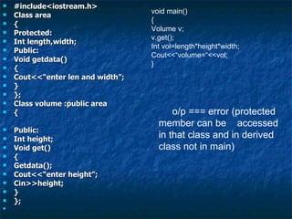#include<iostream.h> Class area { Protected: Int length,width; Public: Void getdata() { Cout<<“enter len and width”; } }; Class volume :public area { Public: Int height; Void get() { Getdata(); Cout<<“enter height”; Cin>>height; } }; void main() { Volume v; v.get(); Int vol=length*height*width; Cout<<“volume=“<<vol; } o/p === error (protected member can be  accessed  in that class and in derived class not in main) 