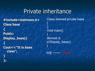 Private inheritance #include<iostream.h> Class base { Public: Display_base() { Cout<<“It is base class”; } }; Class derived:private base { }; Void main() { derived d; d.Dispaly_base(); } o/p ------  error 