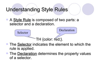 Understanding Style Rules
Understanding Style Rules
 A Style Rule
Style Rule is composed of two parts: a
selector and a declaration.
TH {color: red;}.
 The Selector
Selector indicates the element to which the
rule is applied.
 The Declaration
Declaration determines the property values
of a selector.
Selector
Declaration
 