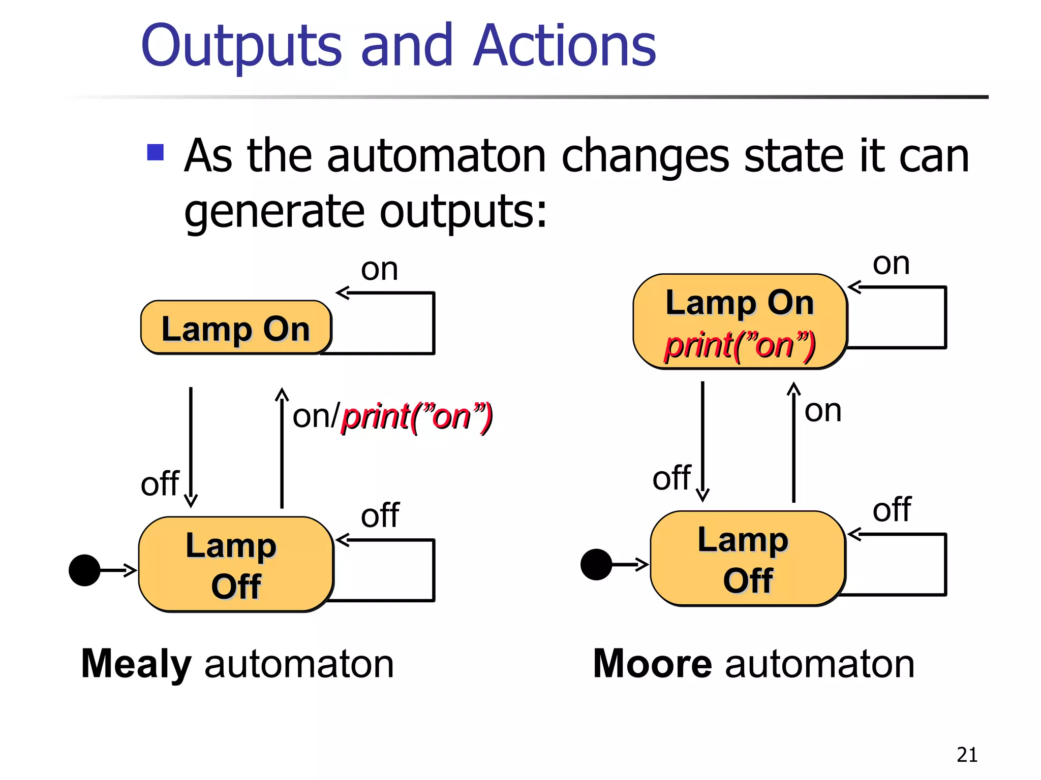 Outputs and Actions As the automaton changes state it can generate outputs: on off Lamp On print(”on”) Lamp  Off off on Moore  automaton on off Lamp On Lamp  Off off on/ print(”on”) Mealy  automaton 
