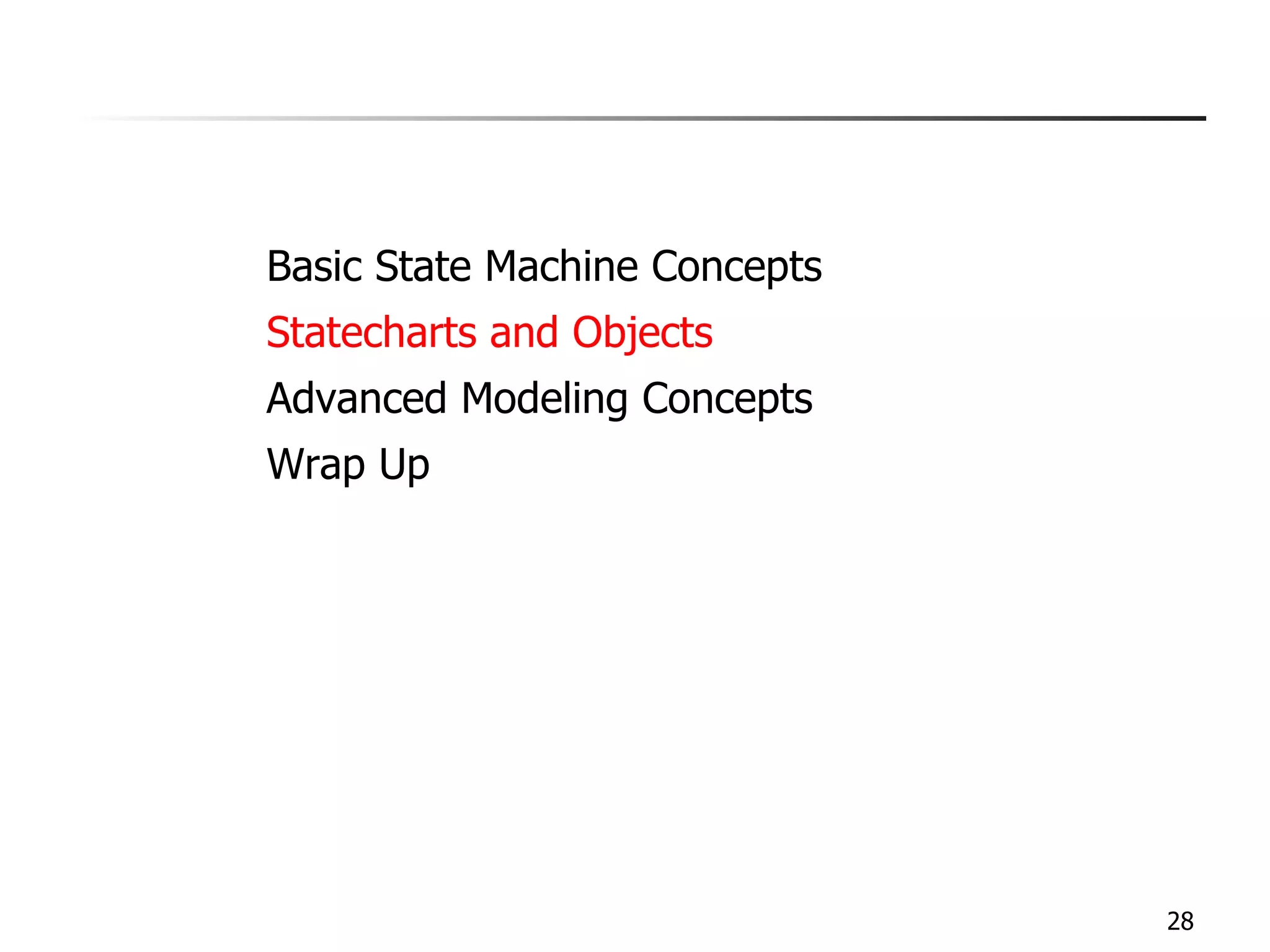 Basic State Machine Concepts Statecharts and Objects Advanced Modeling Concepts Wrap Up 