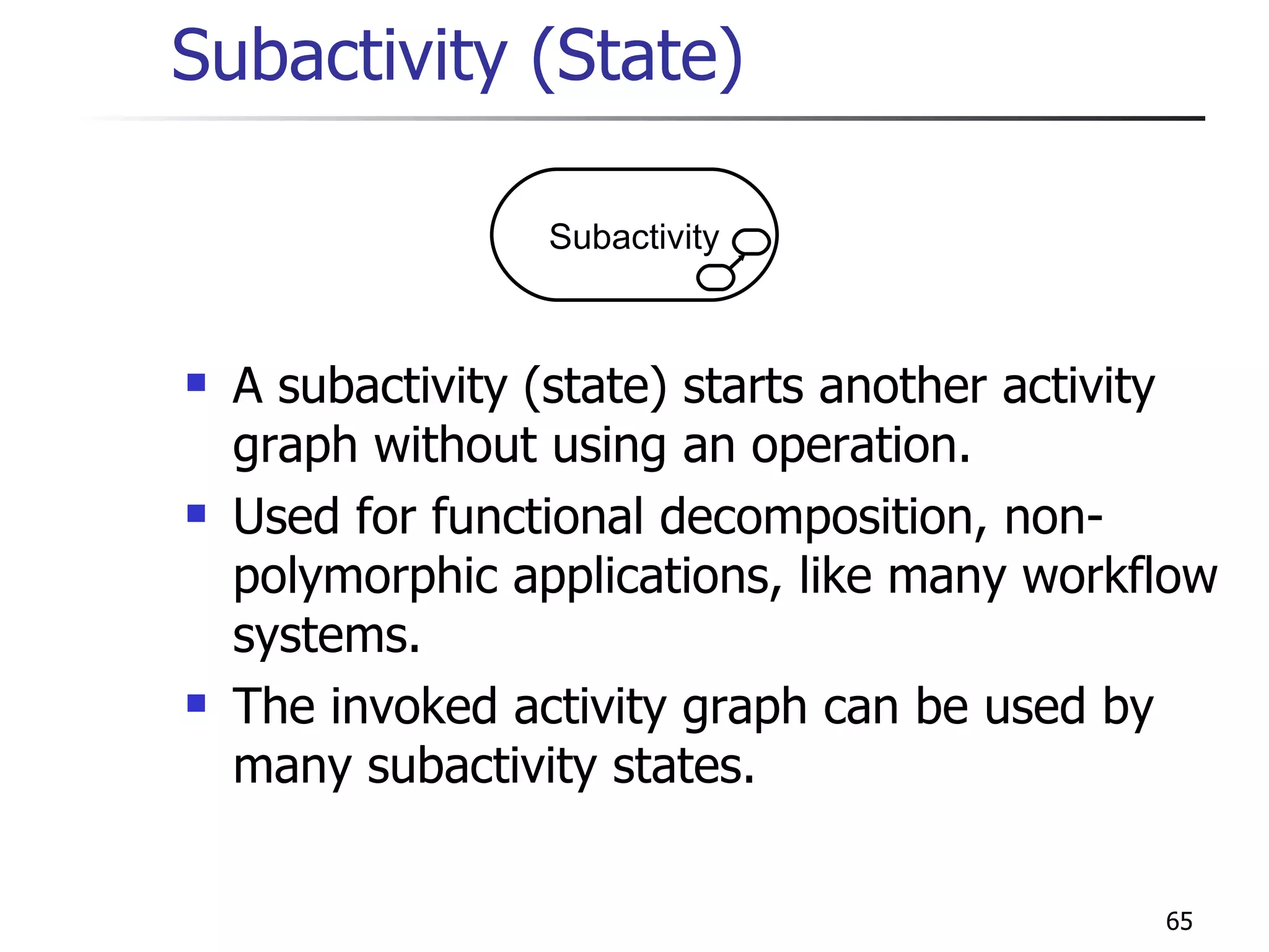 Subactivity (State) A subactivity (state) starts another activity graph without using an operation. Used for functional decomposition, non-polymorphic applications, like many workflow systems. The invoked activity graph can be used by many subactivity states. Subactivity 