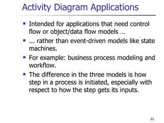 Activity Diagram Applications Intended for applications that need control flow or object/data flow models … ... rather than event-driven models like state machines. For example: business process modeling and workflow. The difference in the three models is how step in a process is initiated, especially with respect to how the step gets its inputs. 