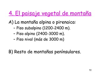 4. El paisaje vegetal de montaña
A) La montaña alpina o pirenaica:
  – Piso subalpino (1200-2400 m).
  – Piso alpino (2400-3000 m).
  – Piso nival (más de 3000 m)


B) Resto de montañas penínsulares.


                                     72
 