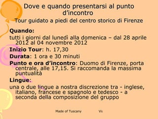 6 WINE TOUR CON VISITA GUIDATA DI
          FIRENZE AL TRAMONTO
     TARIFFE E MODALITÀ DI ACQUISTO



Q




t
 