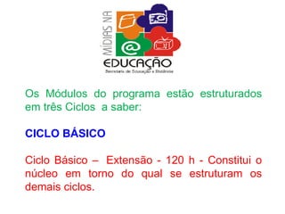 Os Módulos do programa estão estruturados em três Ciclos  a saber: CICLO BÁSICO Ciclo Básico –  Extensão - 120 h - Constitui o núcleo em torno do qual se estruturam os demais ciclos.  