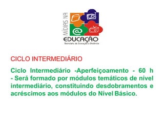 CICLO INTERMEDIÁRIO Ciclo Intermediário -Aperfeiçoamento - 60 h - Será formado por módulos temáticos de nível intermediário, constituindo desdobramentos e acréscimos aos módulos do Nível   Básico. 