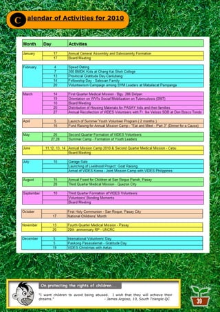 alendar of Activities for 2010
C




       ―I want children to avoid being abused. I wish that they will achieve their
       dreams.‖                            - James Argoso, 10, South Triangle QC
                                             39
 