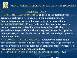 PRINCIPALES DILIGENCIAS EN LA INVESTIGACION  PREPARATORIA 5.- LA CONFRONTACION O CAREO.-   cuando de las declaraciones acusados, victimas o testigos existen contradicciones sobre determinados puntos y resulta necesario su esclarecimiento. 6.- LOS DOCUMENTOS.-  Comprende todas las manifestaciones de hechos como manuscritos, impresos, fotocopias, películas, grabaciones magnetofónica, video, disquetes, fotografías,  pinturas, pentagramas, fax, etc. Puede ser considerado como objeto  y como medio de prueba. 7.- RECONOCIMIENTO DE PERSONAS.-  Conocido también como reconocimiento en rueda de presos o de personas, exige descripción previa, presencia de otras personas de similares características  y el reconocimiento de la persona imputada. 8.- LA INSPECCION JUDICIAL Y LA RECONSTRUCCION.-  192.1 9.- LAS DILIGENCIAS ESPECIALES.-  Artículos 195 a 201. Ministerio Público 