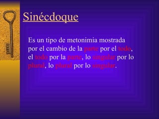 Sinécdoque Es un tipo de metonimia mostrada por el cambio de la  parte  por el  todo , el  todo  por la  parte , lo  singular  por lo  plural , lo  plural  por lo  singular . 