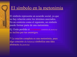 El símbolo en la metonimia El símbolo representa un acuerdo social, ya que no hay relación entre los términos asociados. En un contexto como el siguiente, un símbolo puede formar parte de una metonimia.   Ej: Estás perdido si  la balanza  (símbolo de justicia) se inclina por tus enemigos. * La oración completa es una metonimia, pues algo concreto  (la balanza)  simboliza una idea abstracta  (la justicia). 