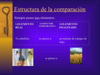 Estructura de la comparación Siempre posee  tres  elementos:     se parece a 1.ELEMENTO REAL 2. CONECTOR COMPARATIVO 3.ELEMENTO IMAGINADO Tu cabellera  se parece a un manojo de espigas de trigo . 