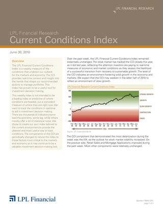 LPL 	FINANCIAL 	 R E S E A R C H




LPL Financial Research
Current Conditions Index
June 30, 2010
                                                  Over the past week, the LPL Financial Current Conditions Index remained
    Overview                                      essentially unchanged. The stock market has tracked the CCI closely this year,
    The LPL Financial Current Conditions          as it did last year, reflecting the attention investors are paying to real-time
    Index is a weekly measure of the              measures of economic and market conditions as they assess the likelihood
    conditions that underpin our outlook          of a successful transition from recovery to sustainable growth. The level of
    for the markets and economy. The CCI          the CCI indicates an environment fostering solid growth in the economy and
    provides real-time context and insight into   markets. We expect that the CCI may weaken in the latter half of 2010 to
    the trends that shape our recommended         reflect an environment of slow growth.
    actions to manage portfolios. This
    index has proven to be a useful tool for      	LPL	Financial	Research	Current	Conditions	Index
    investment decision making.                       300
                                                                                                                                STRONG GROWTH
    This weekly index is not intended to be           200
    a leading index or predictive of where
                                                                                                                                GROWTH
    conditions are headed, but a coincident           100
    measure of where they are right now. We                                                                                     SLOW GROWTH
    want to track the conditions in real-time           0
    to aid in investment decision making.                                                                                       CONTRACTION
    There are thousands of indicators-some            -100
    lead the economy, some lag, while others                                                                                    CRISIS
    merely offer a lot of statistical noise. We       -200
    chose to create our own index tailored to             Feb Mar Apr May Jun Jul Aug Sep Oct Nov Dec Jan Feb Mar Apr May Jun
                                                           09 09 09 09 09 09 09 09 09 09 09 10 10 10 10 10 10
    the current environment to provide the
                                                                                         TIME
    clearest and most useful way to track         Source:	LPL	Financial	6/30/10
    conditions. The components of the CCI are
    periodically changed to retune the index to   The CCI component that demonstrated the most deterioration during the
    those factors most critical to the markets    week was the VIX, as the outlook for stock market volatility increased. On
    and economy so it may continue to be a        the positive side, Retail Sales and Mortgage Applications improved during
    valuable investment decision-making tool.     the past week. Most other components were relatively unchanged.




	                                                 	                                                                        Member	FINRA/SIPC
                                                                                                                                  page	1	of	3
 