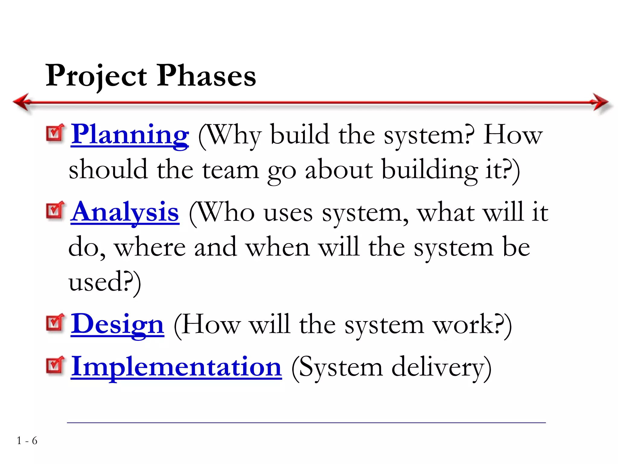 Project Phases Planning  (Why build the system? How should the team go about building it?) Analysis   (Who uses system, what will it do, where and when will the system be used?) Design  (How will the system work?) Implementation  (System delivery) 