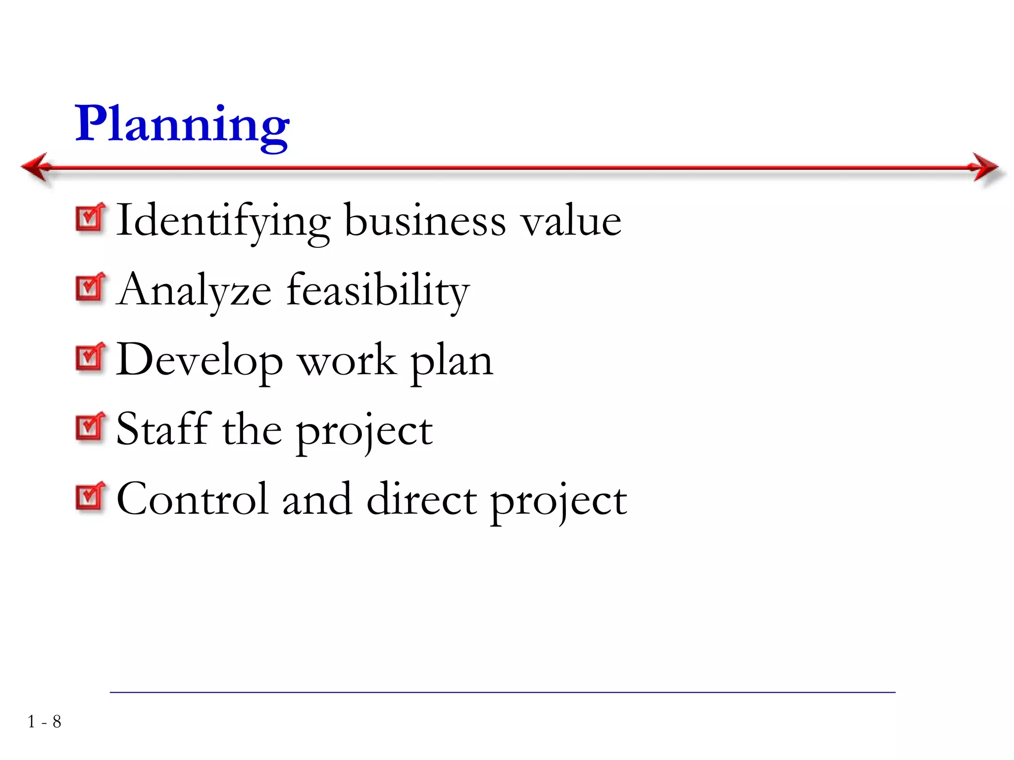 Identifying business value Analyze feasibility Develop work plan Staff the project Control and direct project Planning 