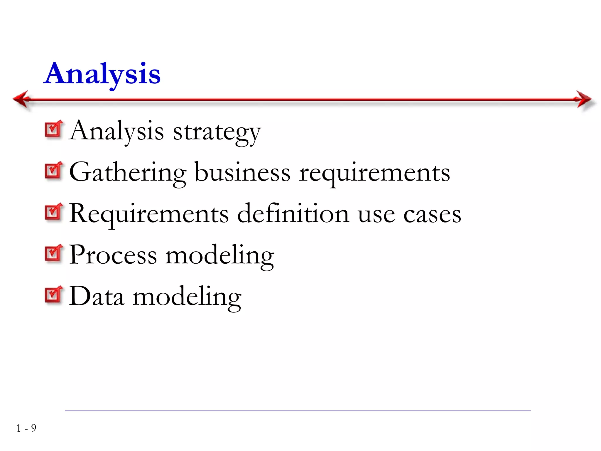 Analysis strategy Gathering business requirements Requirements definition use cases Process modeling Data modeling Analysis 