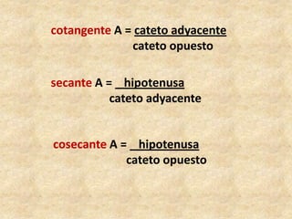 cotangente A = cateto adyacente		        cateto opuestosecante A =    hipotenusa      		cateto adyacentecosecante A =    hipotenusa  		     cateto opuesto