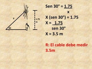Sen 30° = 1.75                     xX (sen 30°) = 1.75X =   1.75sen 30°X = 3.5 mR: El cable debe medir 3.5mX1.75m30°