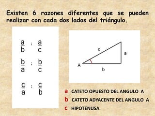 Existen 6 razones diferentes que se pueden realizar con cada dos lados del triángulo.a   CATETO OPUESTO DEL ANGULO  AbCATETO ADYACENTE DEL ANGULO  AcHIPOTENUSA