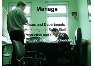 Manage
Offices and Departments
Marketing and Sales Staff
Production and Shipping
Routing and travel schedules
 