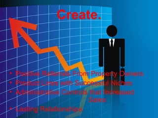 Create.
• Positive Referrals From Property Owners
• Product Lines with Successful Niches
• Administrative Controls that Increased
Sales
• Lasting Relationships
 