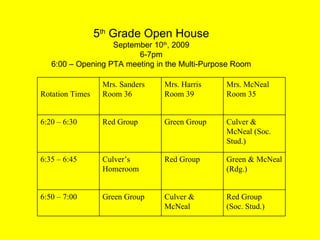 5 th  Grade Open House September 10 th , 2009 6-7pm 6:00 – Opening PTA meeting in the Multi-Purpose Room Red Group (Soc. Stud.) Culver & McNeal Green Group 6:50 – 7:00 Green & McNeal (Rdg.) Red Group Culver’s Homeroom 6:35 – 6:45 Culver & McNeal (Soc. Stud.) Green Group Red Group 6:20 – 6:30 Mrs. McNeal Room 35 Mrs. Harris Room 39 Mrs. Sanders Room 36 Rotation Times 