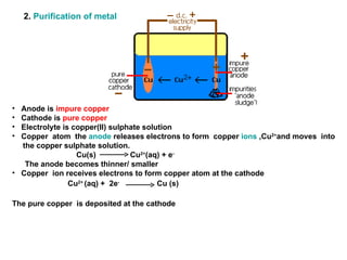 2.  Purification of metal     Anode is  impure copper   Cathode is  pure copper Electrolyte is copper(II) sulphate solution                                                                             Copper  atom  the  anode  releases electrons to form  copper  ions  ,Cu 2+ and moves  into  the copper sulphate solution. Cu(s)               Cu 2+ (aq) + e - The anode becomes thinner/ smaller Copper  ion receives electrons to form copper atom at the cathode Cu 2+   (aq) +  2e -                      Cu (s) The pure copper  is deposited at the cathode                                  