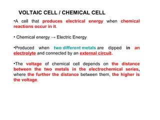 A cell that  produces electrical energy  when  chemical reactions occur in it . Chemical energy  -> Electric Energy Produced when  two different metals   are dipped  in  an  electrolyte  and connected by an  external circuit . The  voltage  of chemical cell depends on  the distance between the two metals in the electrochemical series ,  where  the further the distance   between them,  the higher is the voltage . VOLTAIC CELL / CHEMICAL CELL 