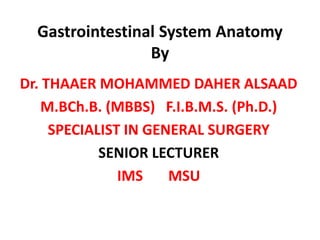 Gastrointestinal System Anatomy
                 By
Dr. THAAER MOHAMMED DAHER ALSAAD
    M.BCh.B. (MBBS) F.I.B.M.S. (Ph.D.)
     SPECIALIST IN GENERAL SURGERY
            SENIOR LECTURER
               IMS    MSU
 