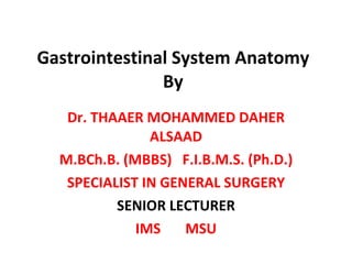 Gastrointestinal System Anatomy By Dr. THAAER MOHAMMED DAHER ALSAAD M.BCh.B. (MBBS)  F.I.B.M.S. (Ph.D.) SPECIALIST IN GENERAL SURGERY SENIOR LECTURER IMS  MSU 