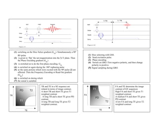 (1) switching on the Slice Select gradient (G ). Simultaneously a 90º
                                             SS
    RF-pulse                                                            (1) Slice selecting with GSS.
(2) is given to ‘flip’ the net-magnetization into the X-Y plane. Then   (2)  Send excitation pulse.
    the Phase Encoding gradient (G )                                    (3) Phase encoding.
                                   PE
                                                                        (4) Switch on GRO. First negative polarity, and then change
(3) is switched on to do the first phase encoding. G
                                                    SS                      polarity to positive.
(4) is switched on again during the 180º rephasing pulse                (5) Signal sampling during GRO.
(5) so the same protons which were excited with the 90º pulse (2) are
    affected. Then the Frequency Encoding or Read Out gradient
    (G )
      RO
(6) is switched on during which
(7) the signal is sampled.

                              TR and TE in a SE sequence are                                         FA and TE determine the image
                              related in terms of image contrast.                                    contrast of GE sequences
                              A short TR and short TE gives T1                                       High FA and short TE gives T1
                              weighted contrast                                                      weighted contrast.
                              . A long TR and a short TE gives PD                                    A medium FA and short TE gives
                              contrast.                                                              PD contrast.
                              A long TR and long TE gives T2                                         A low FA and long TE gives T2
                              weighted contrast.                                                     weighted contrast.
 