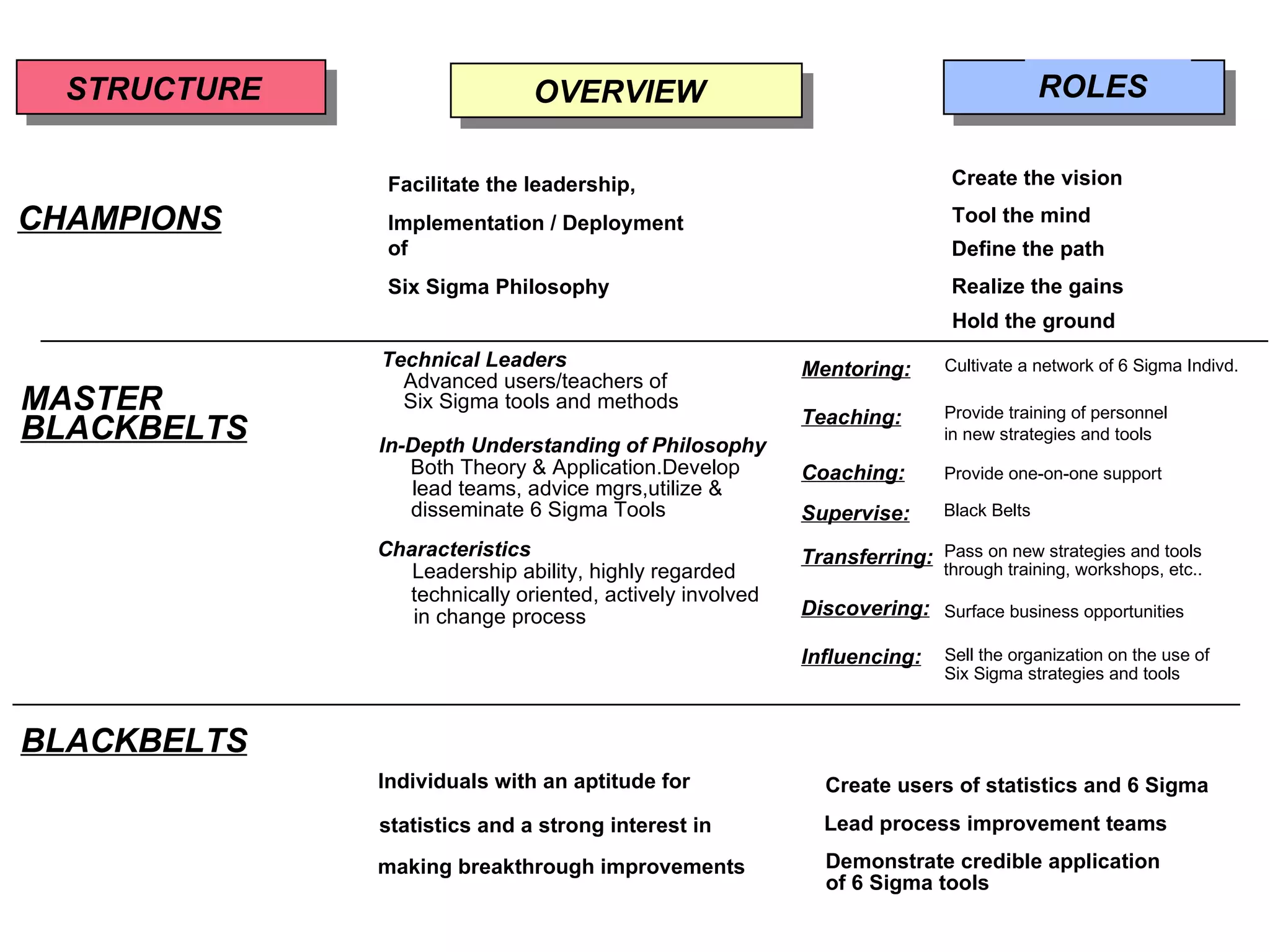 STRUCTURE OVERVIEW ROLES CHAMPIONS Facilitate the leadership, Implementation / Deployment of Six Sigma Philosophy Create the vision Tool the mind Define the path Realize the gains  Hold the ground MASTER BLACKBELTS Mentoring: Cultivate a network of 6 Sigma Indivd. Teaching: Provide training of personnel in new strategies and tools Coaching: Provide one-on-one support Transferring: Pass on new strategies and tools through training, workshops, etc.. Discovering: Surface business opportunities Influencing: Sell the organization on the use of Six Sigma strategies and tools BLACKBELTS Individuals with an aptitude for statistics and a strong interest in making breakthrough improvements Create users of statistics and 6 Sigma Lead process improvement teams Demonstrate credible application of 6 Sigma tools Supervise: Technical Leaders Advanced users/teachers of  Six Sigma tools and methods In-Depth Understanding of Philosophy Characteristics  technically oriented, actively involved Leadership ability, highly regarded Both Theory & Application.Develop lead teams, advice mgrs,utilize & disseminate 6 Sigma Tools in change process Black Belts 