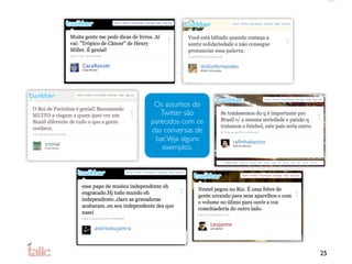 Os assuntos do
   Twitter são
parecidos com os
das conversas de
 bar. Veja alguns
   exemplos.




                    25
 