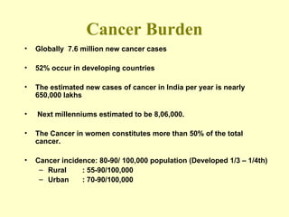 Cancer Burden Globally  7.6 million new cancer cases 52% occur in developing countries The estimated new cases of cancer in India per year is nearly 650,000 lakhs  Next millenniums estimated to be 8,06,000.  The Cancer in women constitutes more than 50% of the total cancer. Cancer incidence: 80-90/ 100,000 population (Developed 1/3 – 1/4th) Rural  : 55-90/100,000  Urban : 70-90/100,000 