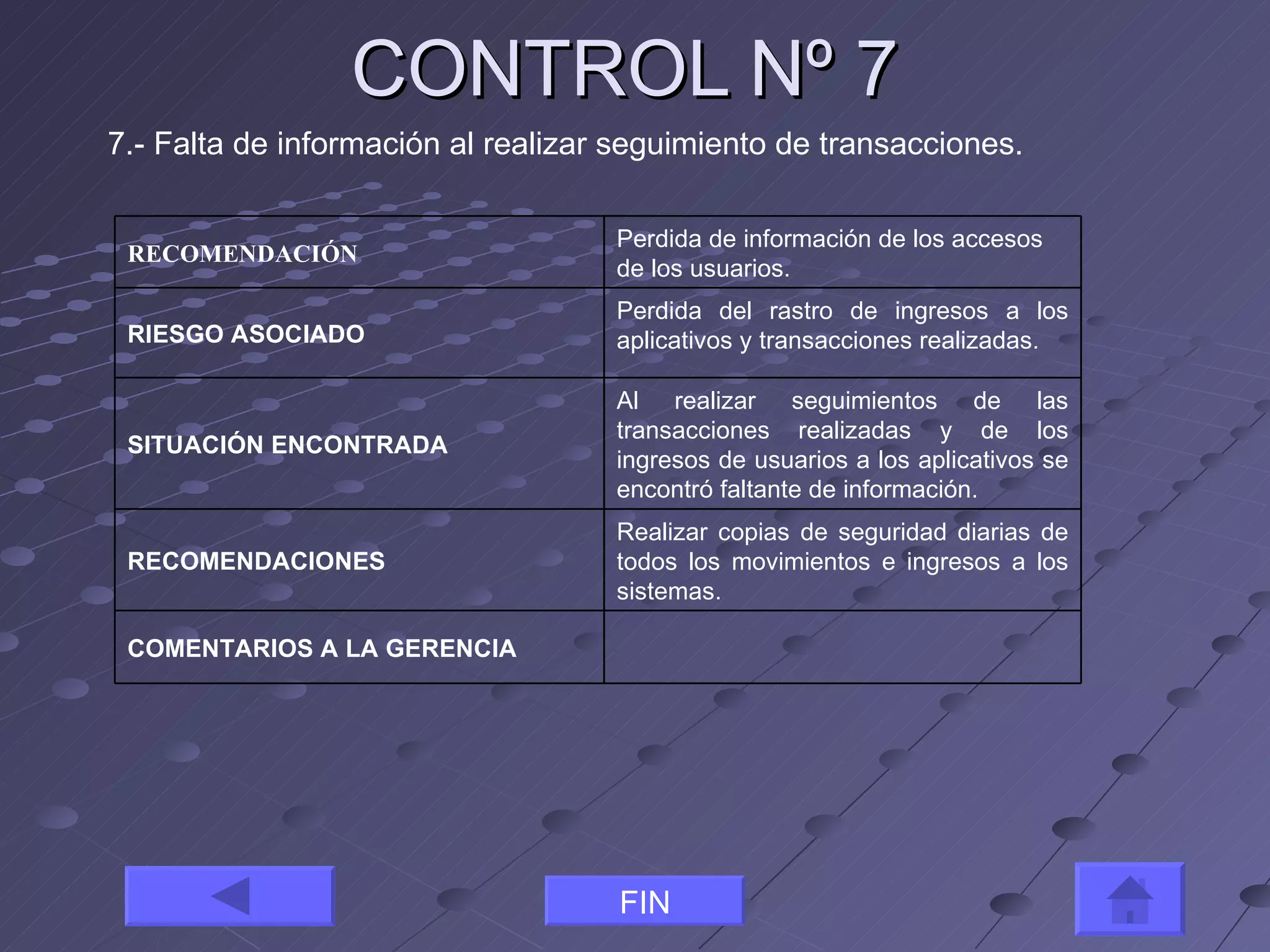 CONTROL Nº 7 7.- Falta de información al realizar seguimiento de transacciones. FIN RECOMENDACIÓN Perdida de información de los accesos de los usuarios. RIESGO ASOCIADO Perdida del rastro de ingresos a los aplicativos y transacciones realizadas. SITUACIÓN ENCONTRADA Al realizar seguimientos de las transacciones realizadas y de los ingresos de usuarios a los aplicativos se encontró faltante de información. RECOMENDACIONES Realizar copias de seguridad diarias de todos los movimientos e ingresos a los sistemas.  COMENTARIOS A LA GERENCIA 