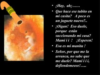 ¡Hay,  ah¡…… Que hace ese tubito en mi casita?  A poco es un juguete nuevo?.. ¡Oigan!  Eso duele, porque  están succionando mi casa? Mami i i  !  ¡Esperen! Esa es mi manita ! Señor, por que me la arranca, no sabe que me duele? Mami i i i, defiendemeeee!….. 