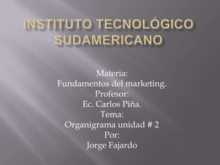Instituto tecnológico Sudamericano  Materia: Fundamentos del marketing. Profesor: Ec. Carlos Piña. Tema: Organigrama unidad # 2 Por: Jorge Fajardo 