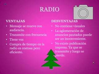 RADIOVENTAJASMensaje se mueve con audiencia.Transmite con frecuenciaTiene vozCompra de tiempo en la radio es costosa pero eficiente.DESVENTAJASNo contiene visualesLa aglomeración de anuncios pautados puede ser un inconveniente.No existe publicación impresa. Ya que se transmite y luego se pierde.